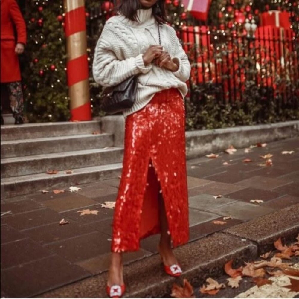 Zara Red Sequin Midi Skirt | Size Medium